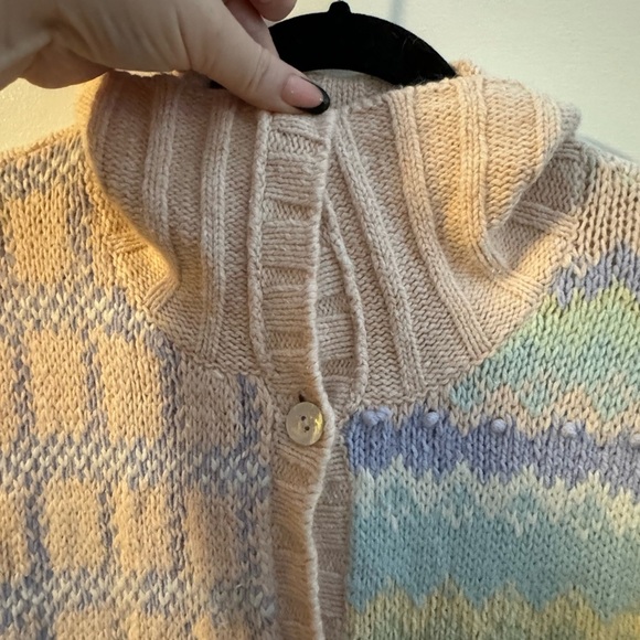 Vintage Pastel Grandma Hand Knit Geometric Striped Cardigan Button Up Sweater LG - Picture 5 of 16